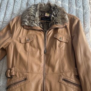 Black Rivet Women's Brown Leather Jacket with Faux Fur Collar